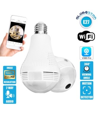 GloboStar® 76073 WIFI 2.4G IP CAMERA 2.0MP 1080P - Έξυπνη Κρυφή IP Κάμερα WiFi 1080P Fish Eye 360° 3W LED σε Σχήμα Λάμπας με Ντουί και Βάση E27 Smart Home